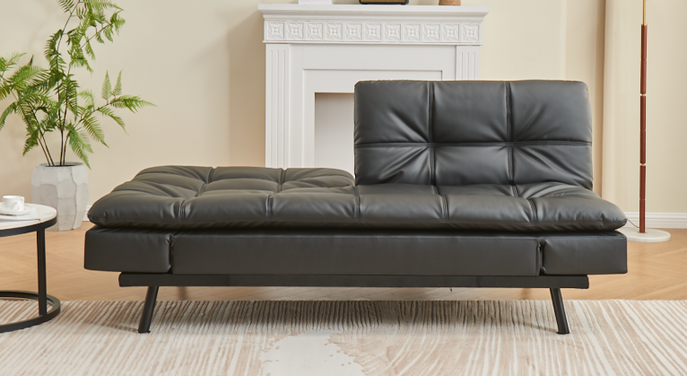 (8050 BLACK)- LEATHER PILLOW TOP KLIK KLAK SOFA BED- WITH DROP DOWN ARMS