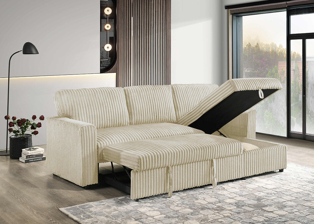 (9026 CREAM)- REVERSIBLE- CORDUROY FABRIC SECTIONAL SOFA WITH PULL OUT BED