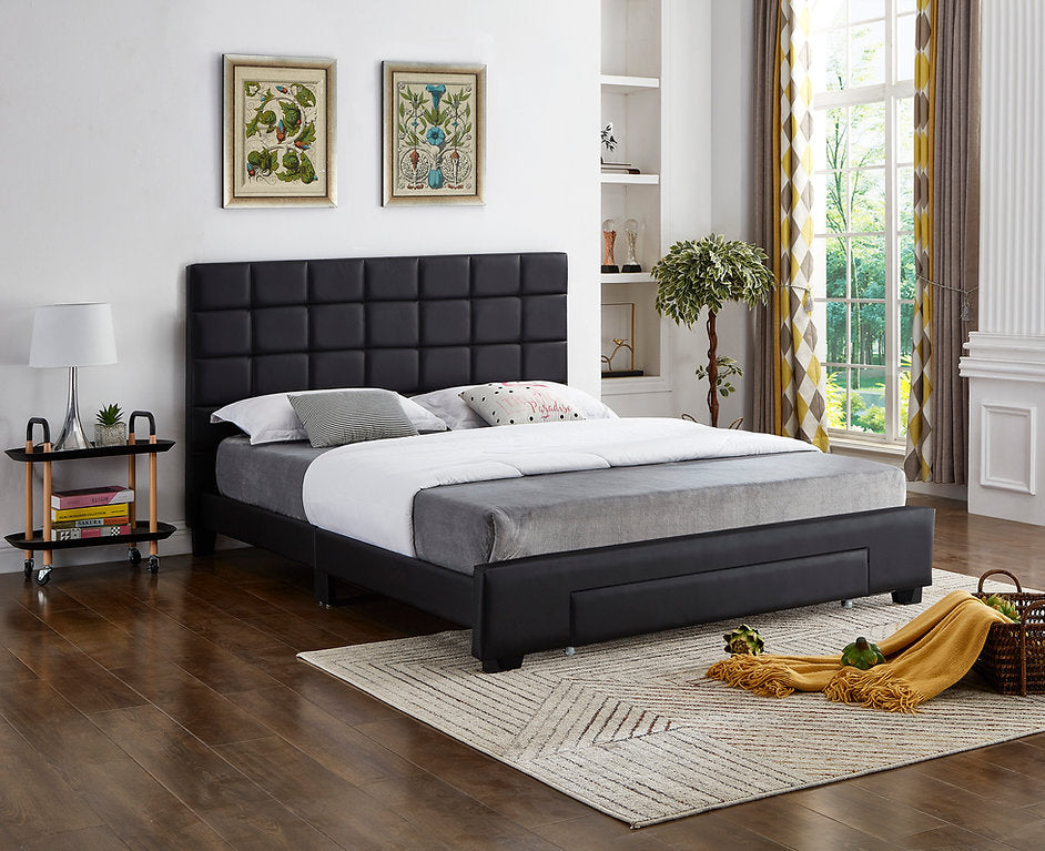 DOUBLE (FULL) SIZE- (5490 BLACK)- LEATHER BED FRAME- WITH DRAWER- WITH SLATS- OUT OF STOCK UNTIL OCTOBER 30, 2023