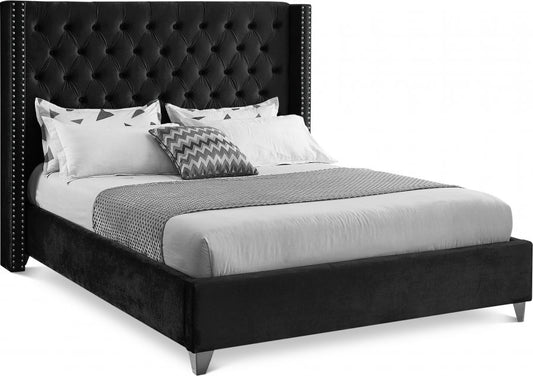 QUEEN SIZE- (5893 BLACK)- BUTTON TUFTED- VELVET FABRIC BED FRAME- WITH SLATS