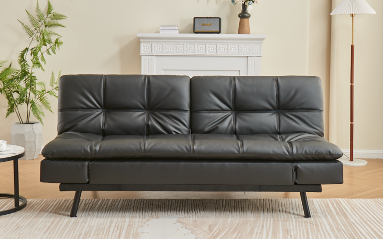 (8050 BLACK)- LEATHER PILLOW TOP KLIK KLAK SOFA BED- WITH DROP DOWN ARMS