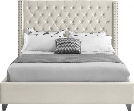 QUEEN SIZE- (5892 CREAM)- VELVET FABRIC- BED FRAME- WITH SLATS