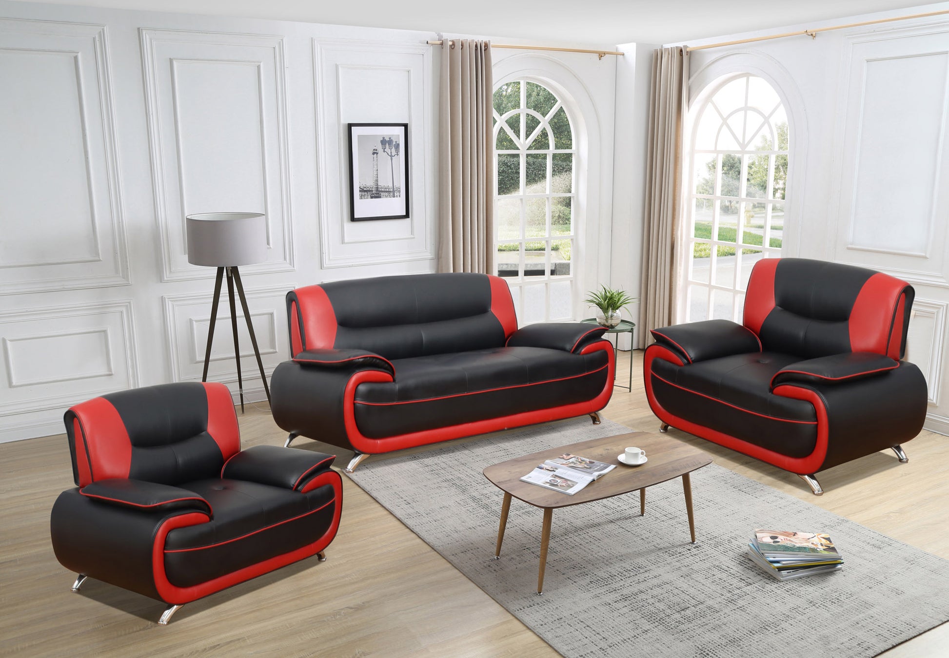 DALIA RED/ BLACK)- LEATHER SOFA LOVESEAT CHAIR- TEXT OR
