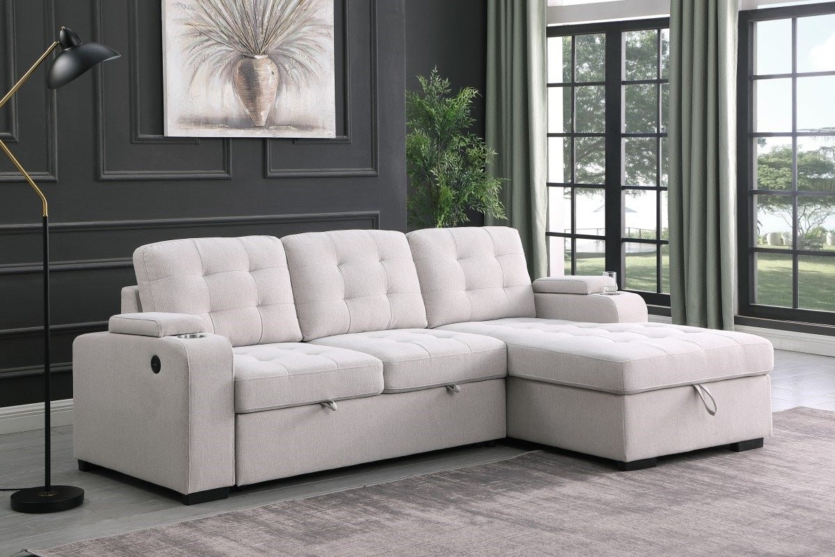 (69622 BEIGE RHF)- FABRIC SECTIONAL SOFA WITH PULL OUT BED- TEXT OR WHATSAPP 416 319 8851 FOR STOCK AVAILABILITY BEFORE PAYING
