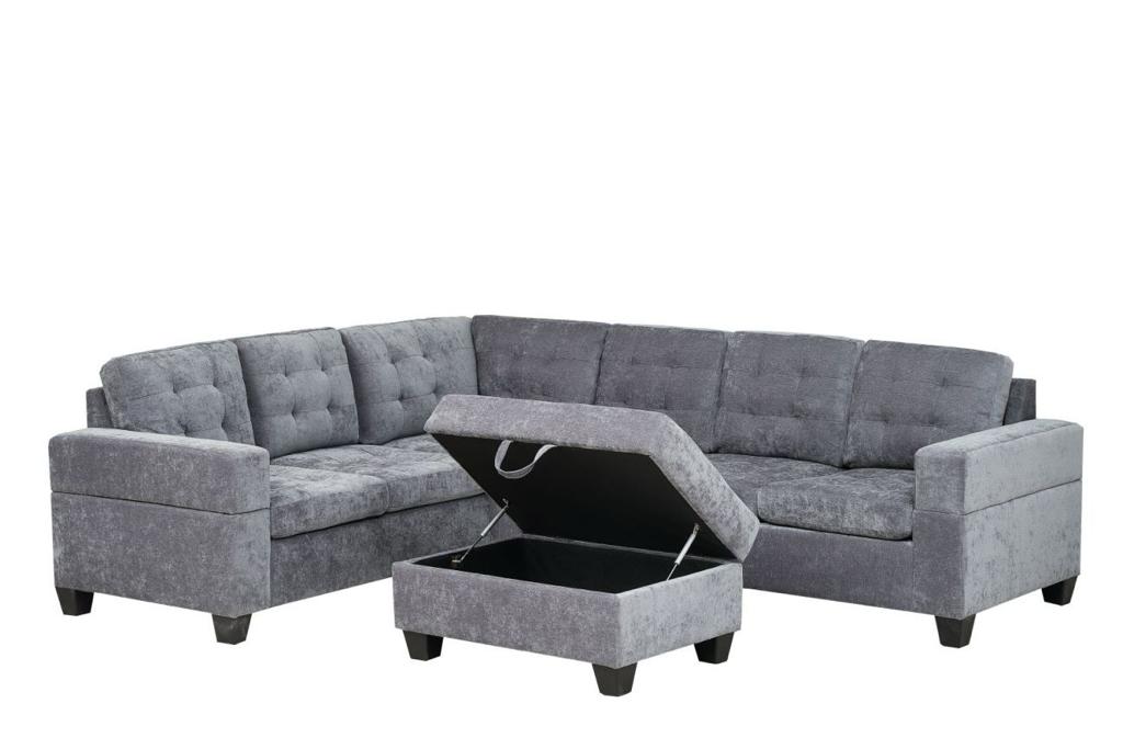 (EMERSON GREY)- REVERSIBLE- VELVET FABRIC SECTIONAL SOFA- WITH OTTOMAN