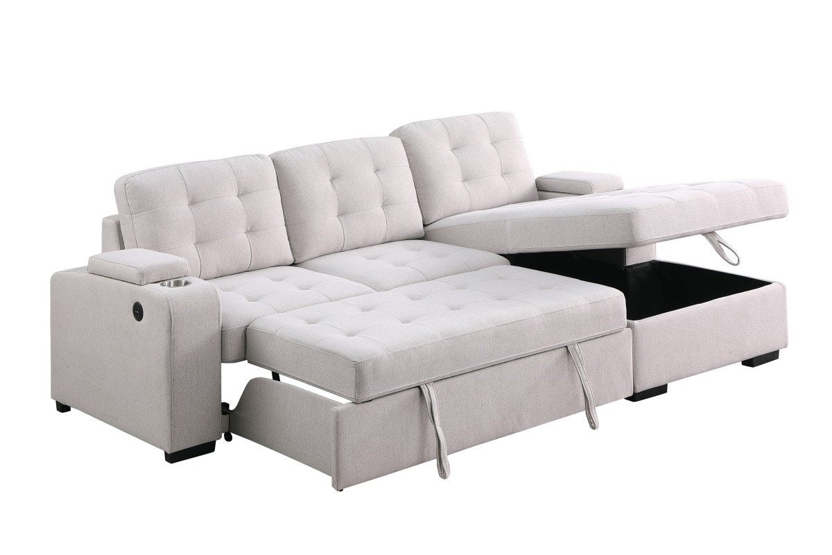 (69622 BEIGE RHF)- FABRIC SECTIONAL SOFA WITH PULL OUT BED- TEXT OR WHATSAPP 416 319 8851 FOR STOCK AVAILABILITY BEFORE PAYING