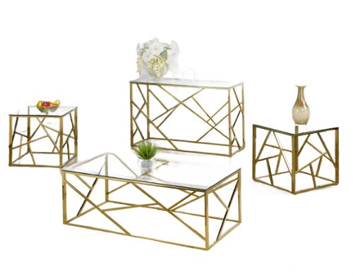 (2340 GOLD- 3)- GLASS COFFEE TABLE- WITH 2 SIDE TABLES