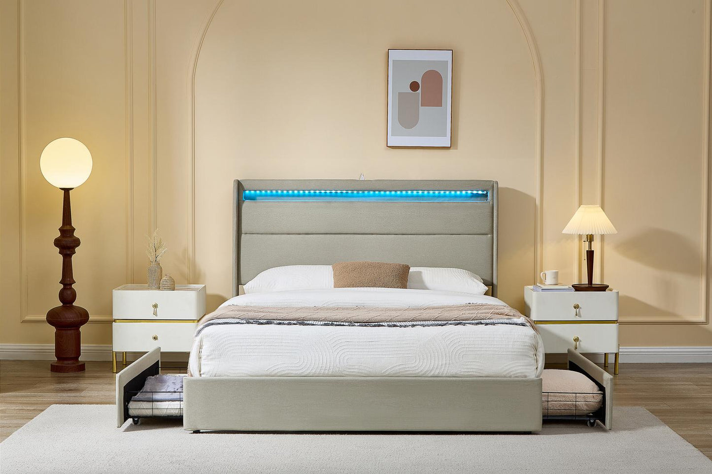 KING SIZE- (JESSY BEIGE)- FABRIC STORAGE BED FRAME- WITH 4 DRAWERS- WITH LIGHT- WITH USB- WITH SLATS