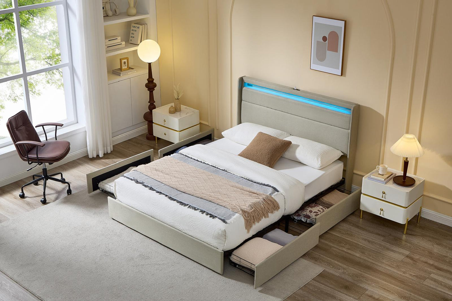 KING SIZE- (JESSY BEIGE)- FABRIC STORAGE BED FRAME- WITH 4 DRAWERS- WITH LIGHT- WITH USB- WITH SLATS