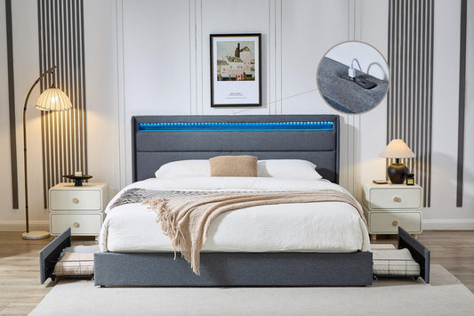 KING SIZE- (JESSY GREY)- FABRIC STORAGE BED FRAME- WITH 4 DRAWERS- WITH LIGHT- WITH USB- WITH SLATS