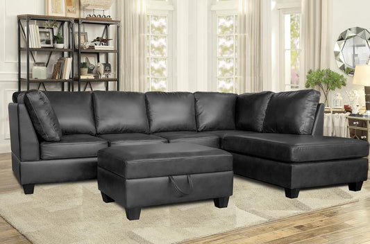 (6036 JULIA BLACK)- REVERSIBLE- AIR LEATHER SECTIONAL SOFA- WITH STORAGE OTTOMAN- TEXT OR WHATSAPP 416 319 8851 FOR STOCK AVAILABILITY BEFORE PAYING