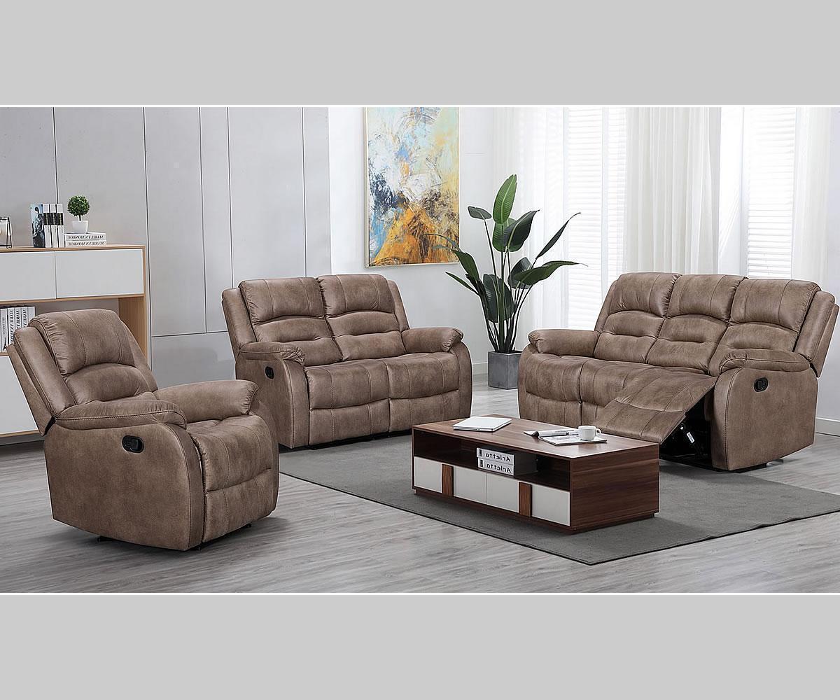 (LARISSA CARAMEL BROWN SLC)- FABRIC MANUAL RECLINER 3 PC. SOFA SET- TEXT OR WHATSAPP 416 319 8851 FOR STOCK AVAILABILITY BEFORE PAYING