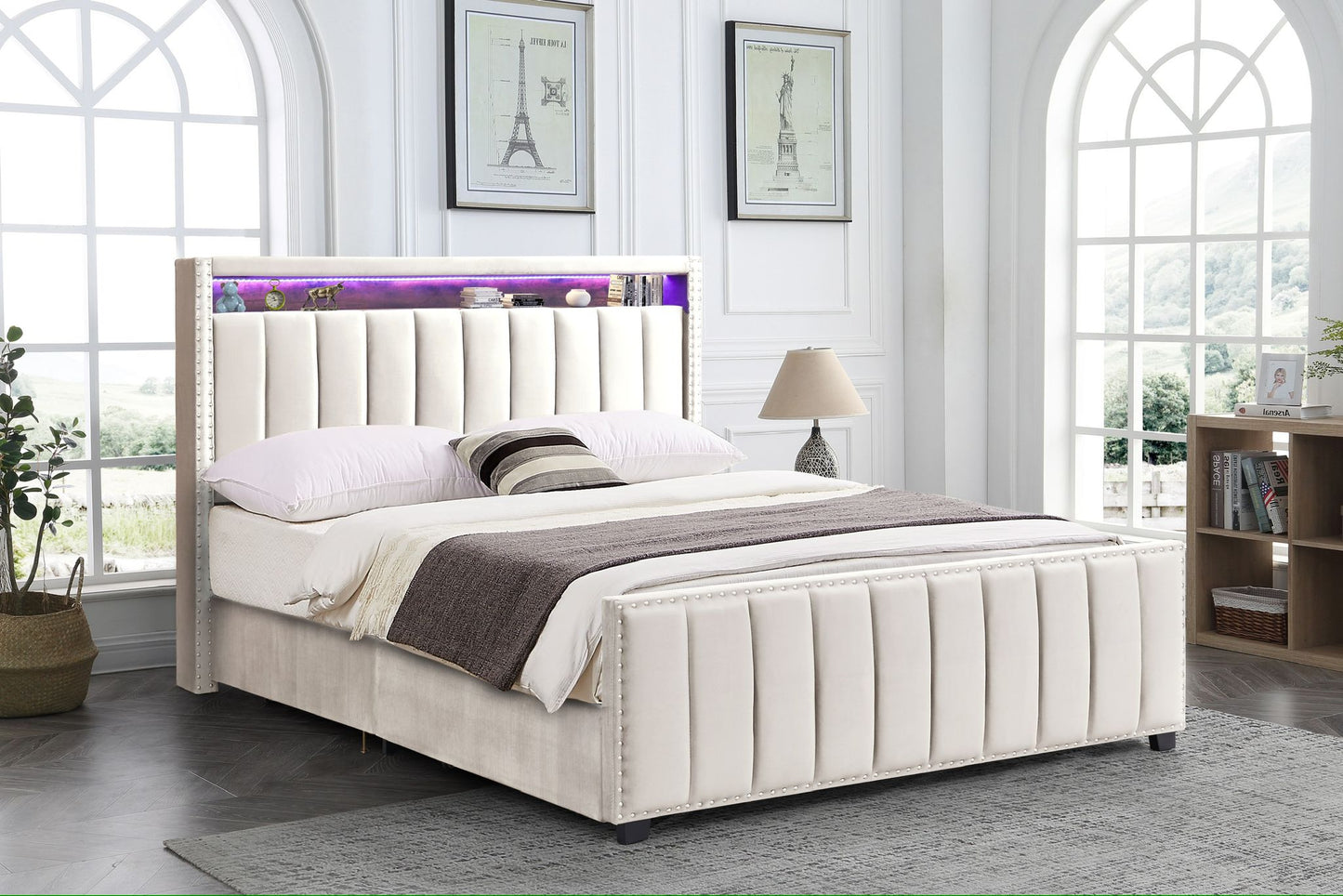 DOUBLE (FULL) SIZE- (MARK BEIGE)- VELVET FABRIC BED FRAME IN A BOX- WITH 4 DRAWERS- WITH LIGHT- WITH SLATS