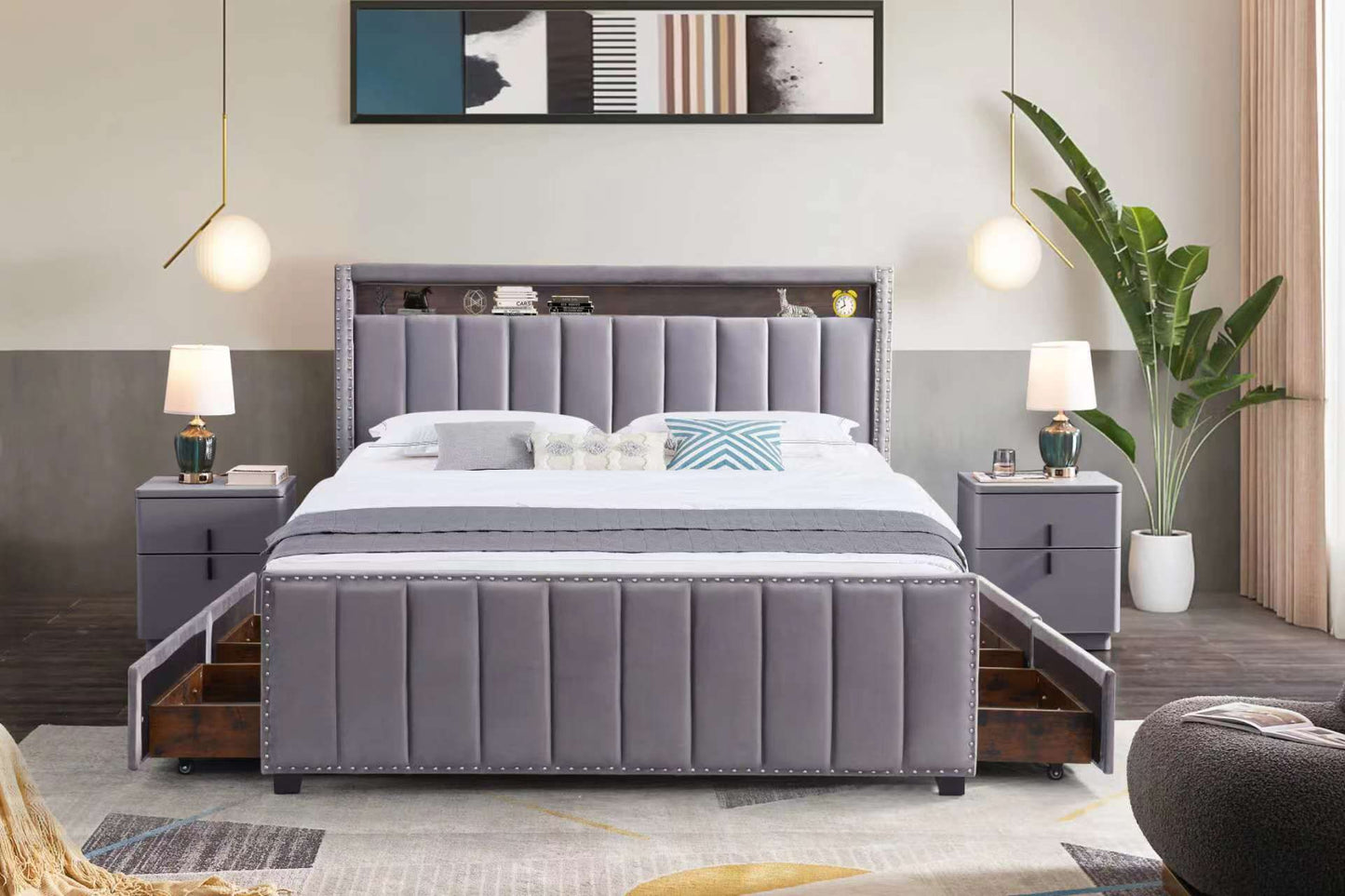 DOUBLE (FULL) SIZE- (MARK GREY)- VELVET FABRIC BED FRAME IN A BOX- WITH 4 DRAWERS- WITH LIGHT- WITH SLATS