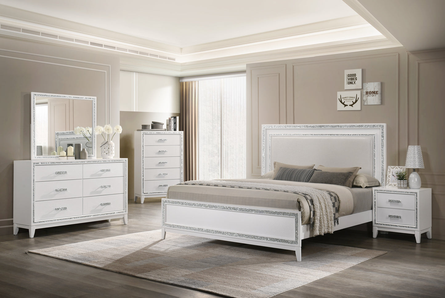 QUEEN SIZE- (PEARL WHITE- 8 PC.)- BEDROOM SET- TEXT OR WHATSAPP 416 319 8851 FOR STOCK AVAILABILITY BEFORE PAYING