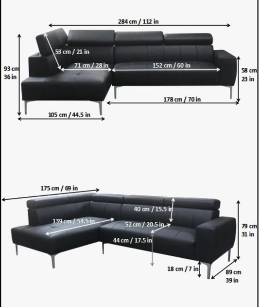 (RELAX BLACK LHF)- LEATHER SECTIONAL SOFA- WITH HEADRESTS