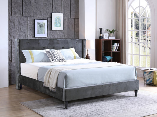 KING SIZE- (BO SOFIA GREY VELVET FABRIC)- BED FRAME- WITH SLATS