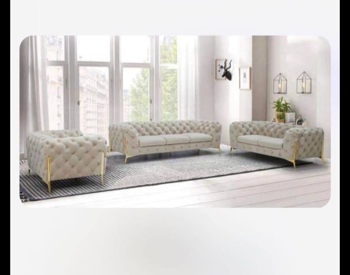 (MODERNO BEIGE SLC)- VELVET FABRIC- BUTTON TUFTED- SOFA + LOVESEAT + CHAIR- TEXT OR WHATSAPP 416 319 8851 FOR STOCK AVAILABILITY BEFORE PAYING