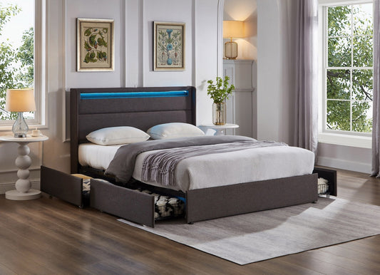 QUEEN SIZE- (5343 GREY)- FABRIC BED FRAME- WITH 4 DRAWERS- WITH LIGHT- WITH SLATS