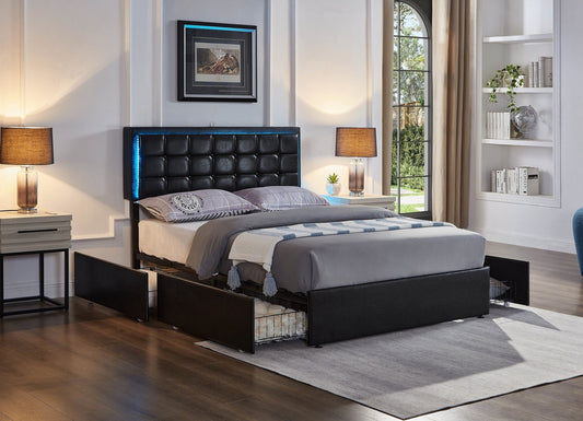 QUEEN SIZE- (5400 BLACK)- LEATHER STORAGE BED FRAME- WITH 4 DRAWERS- WITH LIGHT- WITH SLATS