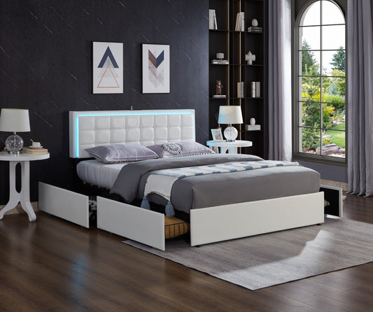DOUBLE (FULL) SIZE- (5402 WHITE)- LEATHER STORAGE BED FRAME- WITH 4 DRAWERS- WITH LIGHT- WITH SLATS