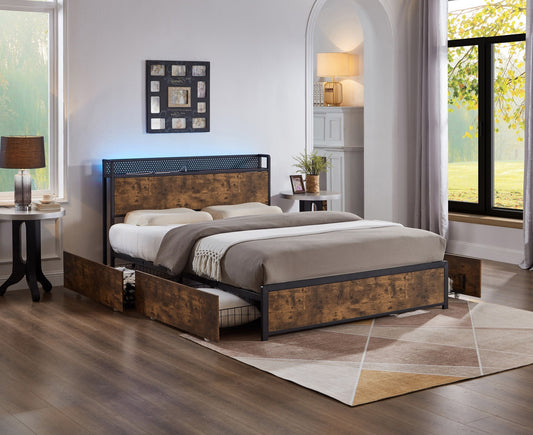 QUEEN SIZE- (5930 BROWN)- METAL BED FRAME- WITH 4 DRAWERS- WITH LIGHT- WITH SLATS- out of stock until january 10, 2025