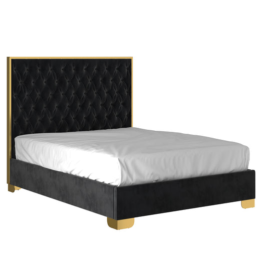 KING SIZE- (LUCILLE BLACK)- VELVET FABRIC - BUTTON FABRIC- BED FRAME- (BOX SPRING REQUIRED)