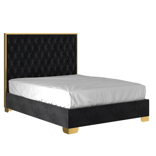 QUEEN SIZE- (LUCILLE BLACK)- VELVET FABRIC - BUTTON FABRIC- BED FRAME- (BOX SPRING REQUIRED)