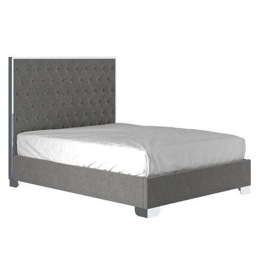 KING SIZE- (LUCILLE GREY)- VELVET FABRIC - BUTTON FABRIC- BED FRAME- (BOX SPRING REQUIRED)