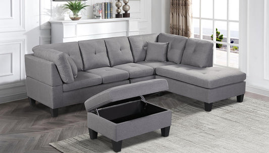 (1012 GREY)- REVERSIBLE- FABRIC SECTIONAL SOFA- WITH STORAGE OTTOMAN