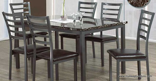 (1027 GREY- 7)- 60" long- MARBLE LOOK DINING TABLE- WITH 6 CHAIRS- OUT OF STOCK UNTIL MARCH 5, 2024