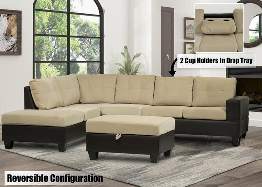(107 BEIGE TOW TONE)- FABRIC + LEATHER- REVERSIBLE- SECTIONAL SOFA- WITH STORAGE OTTOMAN