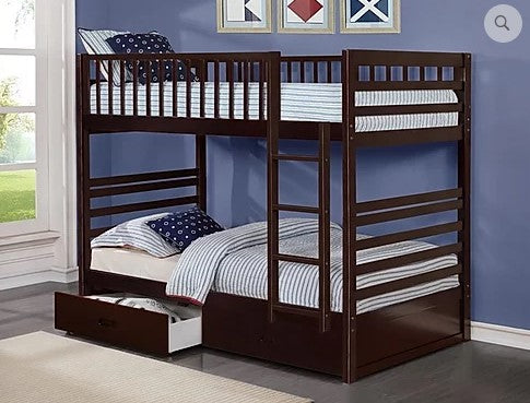 TWIN/ TWIN- (110 ESPRESSO)- WOOD BUNK BED- WITH DRAWERS