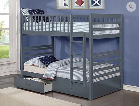 TWIN/ TWIN- (110 GREY)- WOOD BUNK BED- WITH DRAWERS