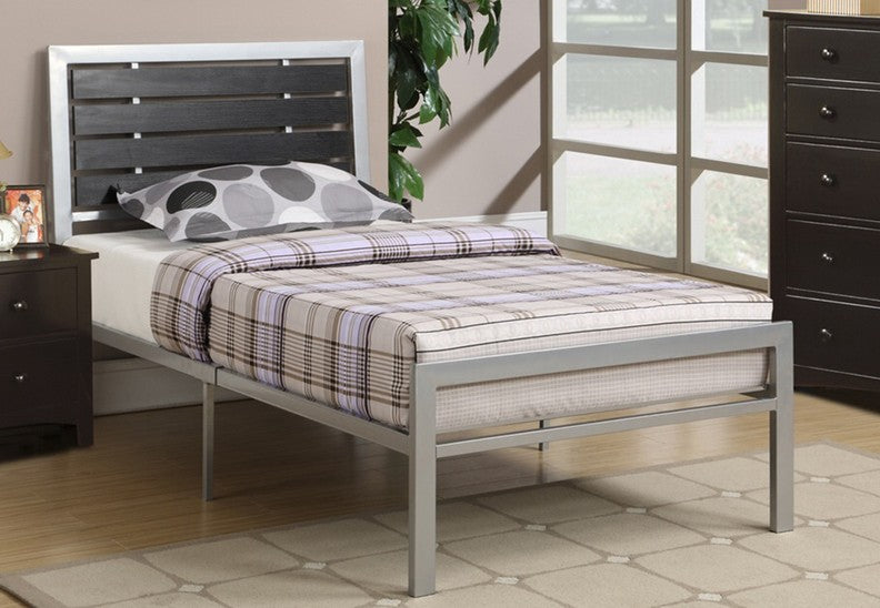 TWIN (SINGLE) SIZE- (112 SILVER)- METAL- BED FRAME- WITH SLATTED PLATFORM