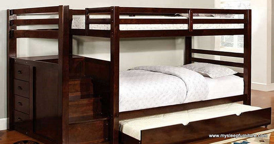 TWIN/ TWIN- (118 ESPRESSO)- STAIRCASE WOOD BUNK BED- WITH TRUNDLE