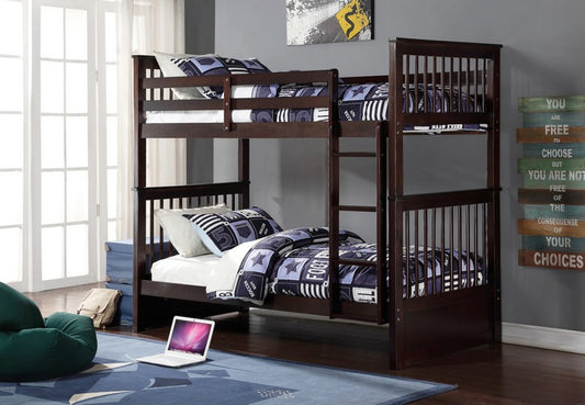 TWIN/ TWIN- (121 ESPRESSO)- WOOD BUNK BED- WITH SLATS