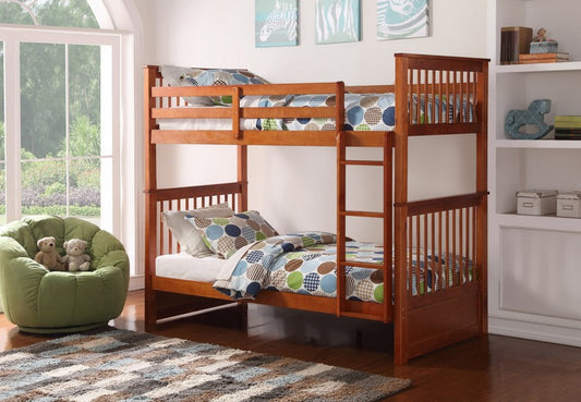 TWIN/ TWIN- (121 HONEY)- WOOD- BUNK BED- WITH SLATS