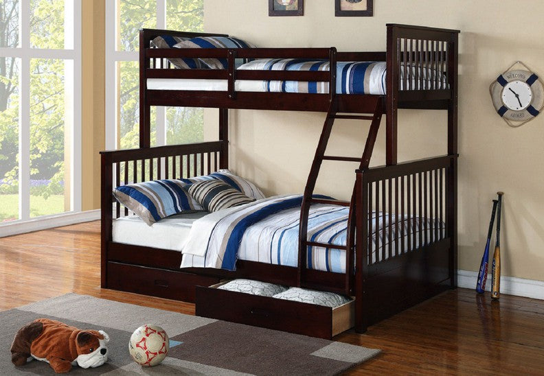 TWIN/ DOUBLE- (122 ESPRESSO WITH DRAWERS)- WOOD SPLITTABLE BUNK BED- WITH SLATS