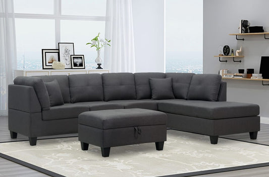 (1232 GREY- 3)- FABRIC- REVERSIBLE- SECTIONAL SOFA- WITH STORAGE OTTOMAN