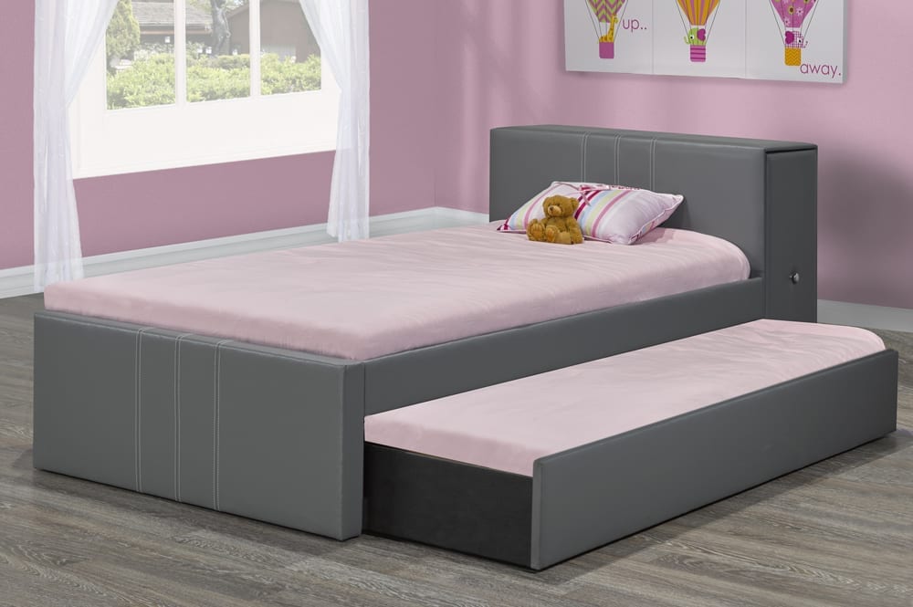TWIN (SINGLE) SIZE- (128R GREY)- LEATHER- CANADIAN MADE- BED FRAME- WITH STORAGE- WITH TRUNDLE- (DELIVERY AFTER 4 WEEKS)