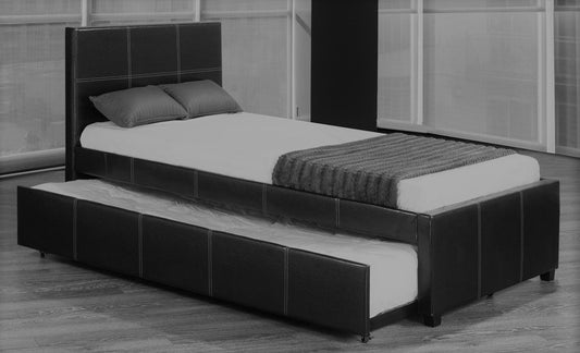 TWIN (SINGLE) SIZE- (132 BLACK)- LEATHER- BED FRAME- WITH TRUNDLE