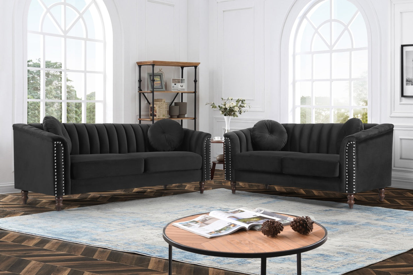 (DF 1361 BLACK SL)- VELVET FABRIC SOFA + LOVESEAT