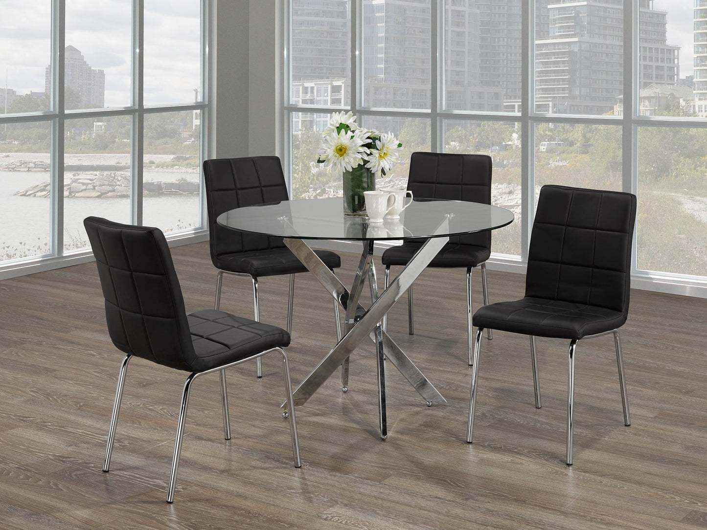 (3460- 1760 BLACK- 5)- 39" ROUND GLASS DINING TABLE- WITH 4 CHAIRS