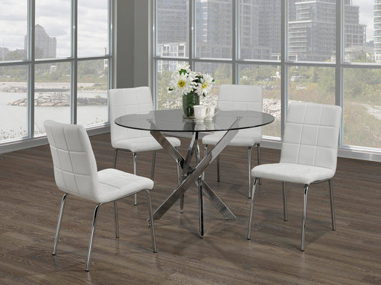 (1447- 1761 WHITE- 5)- 44" ROUND- GLASS- DINING TABLE- WITH 4 CHAIRS