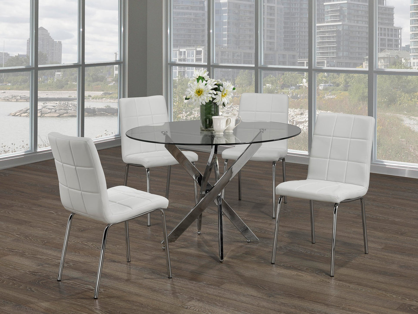 (3460 - 1761 WHITE- 5) - 39" ROUND - GLASS DINING TABLE - WITH 4 CHAIRS