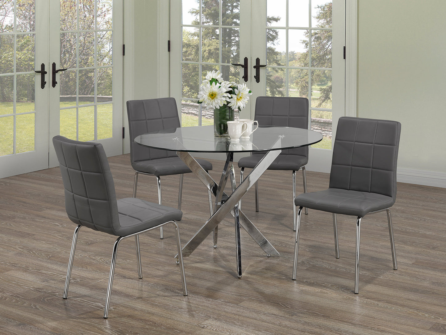 (1447- 1762 GREY- 5)- 44" ROUND- GLASS- DINING TABLE- WITH 4 CHAIRS