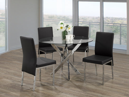 (1447- 5063 BLACK- 5)- 44" ROUND- GLASS- DINING TABLE- WITH 4 CHAIRS