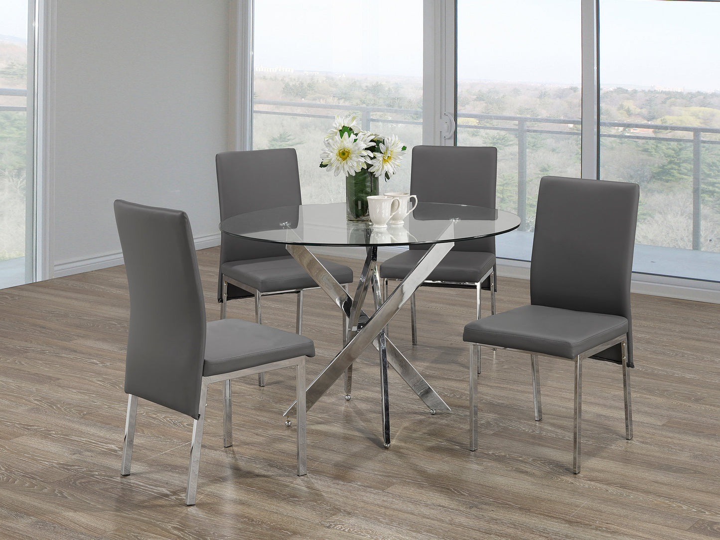 (1447- 5065 GREY- 5)- 44" ROUND- GLASS- DINING TABLE- WITH 4 CHAIRS