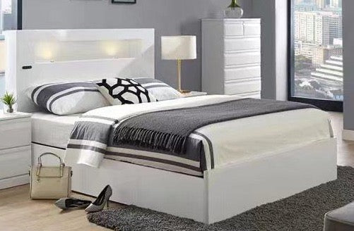 QUEEN SIZE- (EYES WHITE) - WOOD- BED FRAME - WITH 3 DRAWERS ON SIDE - WITH SLATS- WITH LIGHTS